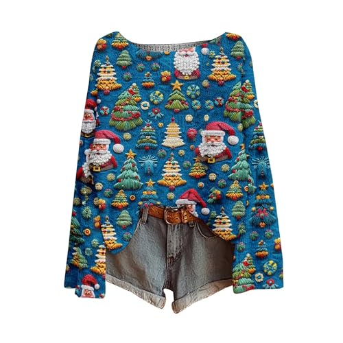 Suéteres de Navidad para mujer, divertidos y novedosos suéteres de punto con estampado de Papá Noel, suéteres ligeros de cuello redondo, suéteres de manga larga, ropa de punto festiva, azul celeste