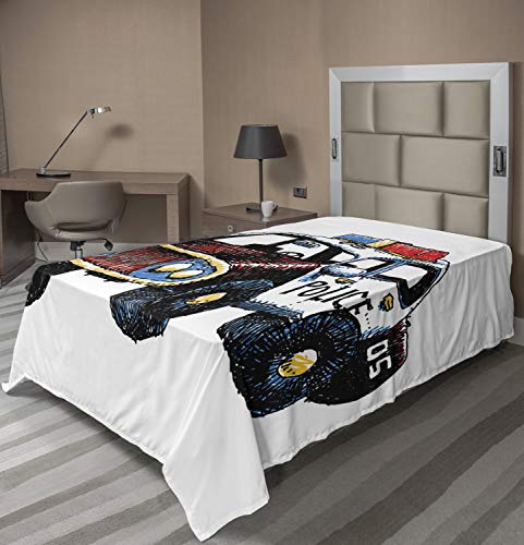 Ambesonne Police Flat Sheet, Cartoon Hand Drawn Police Car Unusual Design with Sketchy Coloring Print, Soft Comfortable Top Sheet Decorative Bedding 1 Piece, TwinXL Size, Red Yellow and Blue