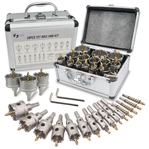 Pro Edge 20pcs Carbide Hole Saw Kit for Hard Metal, TCT 1/2'-2-1/4' Hole Cutter Set for Stainless Steel, Iron, Alloy, Aluminum, with Two Extra Titanium Plated Pilot Center Drill and Two L-Wrench