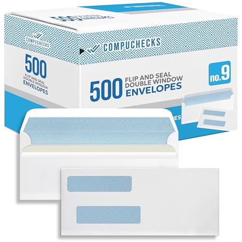 Compuchecks Double Window Envelopes #9- Flip and Seal Flap, Security Business Mailing Envelopes - Tamper Evident, Security Tint - 500 Count