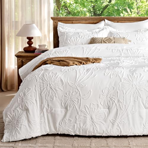 Image of 7 Pieces Flower Comforter Set for All Seasons White Floral Tufted Boho Bedding Set Queen Size Farmhouse Bed in A Bag as Gifts with Comforter Sheets Pillowcases Shams