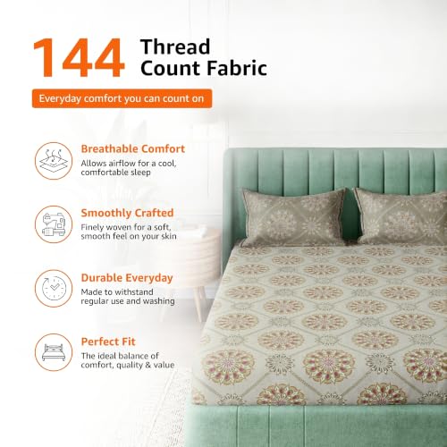 Image of Amazon Basics - 100% Cotton Fitted Bedsheet | 144TC |Fitted Queen Bed Sheet with 2 Pillow Cover|Soft Cotton | Floral Print | 78 Inch x 60 Inch - 8 Inch Drop, Mustard Yellow