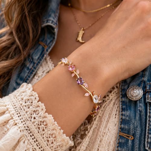 Image of H&K Jewels Tulip Bracelet with Multicolour Gemstones, Pink, Purple & Clear Oval Marquise Crystals, Korean Purple & Pink Gemstones, 18K Gold Plated, Anti-Tarnish & Waterproof, Gift for GF and Wife