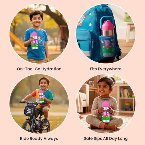 Image of Rabitat Sipzy Peppa Pig Stainless Steel Kids Water Bottle 410ml | 2 Year Brand Warranty | Insulated School Bottle for Boys & Girls | Hot & Cold 20 Upto Hours | Leakproof BPA Free | Follow Me