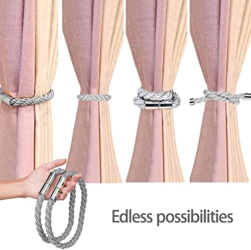 Magnetic Curtain Tie Back, 2 Pcs Strong Magnetic Curtain Tiebacks Modern Simplicity Curtain Rope Holdbacks,Braided Rope Curtain Decoration for Thin or Thick Home and Office Window Drapery ( Sliver )