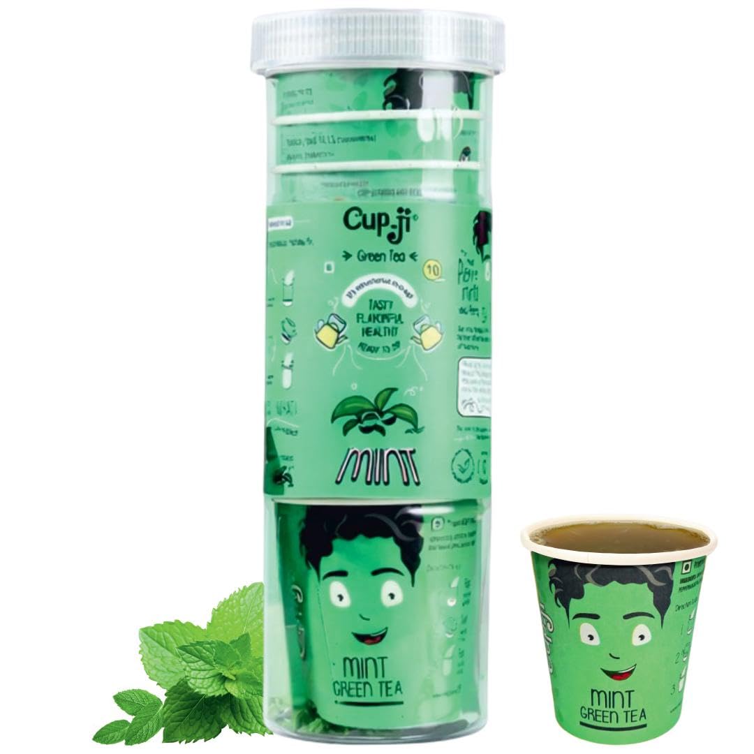 Cup-ji Ready to Sip Mint Green Tea | Intensely Aromatic | Flavoured,Non Bitter Tasty & Whole Leaf Green Tea |10 Cups with Each Cups Size 210 ml