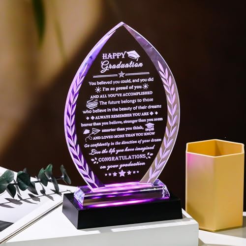 Image of YWHL Graduation Gifts for Women Men with Colorful LED Base Class of 2026 Graduation Gift for Her Him Him Female High School College Graduation Masters Degree Phd Decor Crystal Plaque Keepsake