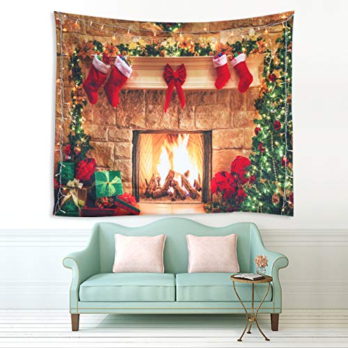 Sevendec Christmas Tapestry Fireplace Xmas Wall Tapestry Tree Stocking Gift Box Tapestry Wall Hanging For Party Livingroom Bedroom Dorm Home Decor W59 X L51 #TOP2