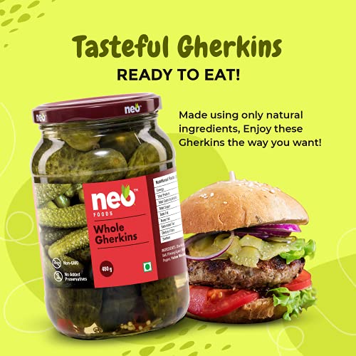 Image of Neo Whole Gherkins 480g I Pack of 1 I 100% Plant Based I Low Fat Sweet and Crunchy Pickles, Ready to Eat I Enjoy with Nachos, Make a Healthy Salad at home