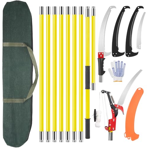 Image of Pole Saws for Tree Trimming, Manual Pole Saws, Tree Pruner Extendable for garden (30FT Fiberglass Handle With Scissor-Yellow)