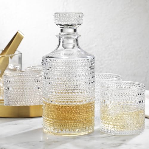 Whiskey Decanter Set for Men: 4 Rocks Glasses & Decanter in Hobnail Style -Glavers