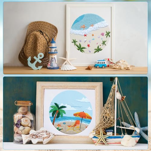 Image of 4 Set Ocean Embroidery Kit for Beginners Adults Embroidery Starter Kit Ocean Beach Pattern Spring Summer Hand Crewel Embroidery Kit Cross Stitch Kit Include Instruction 2 Hoops Color Threads Needles