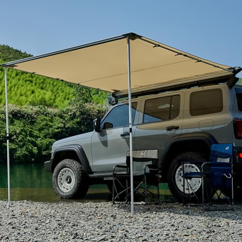 Vehicle Awning 8.2'×8.2' Roof Rack Pull-Out Sun Shade with UV Protection and Waterproof PU1000mm, Retractable Easy Up Camper Awning, Jeep/SUV/Truck/Van/RV Awning for Camping and Overland