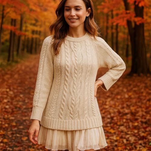 Women Crewneck Cable Knit Sweater Mini Dress, Cable Knit Sweater Dress with Pleated Skirt, Twofer Style Pullovers3