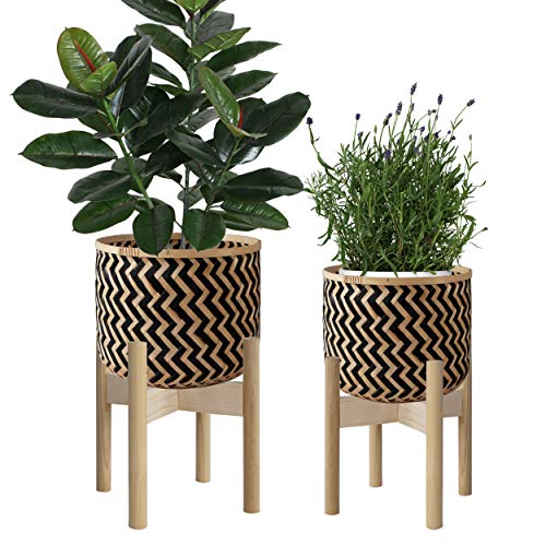 Made Terra Macetas de mimbre tejido natural con soporte, cubierta de macetero con soporte de madera para decoración de interiores moderna del hogar, juego de 2 m, S (Zigzag)