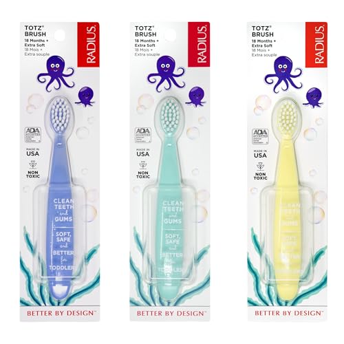 RADIUS Tiny Totz Toothbrush, Toddler Toothbrush for Ages 1+ Years, Extra Soft Plant Based Bristles, Cornerless Head, BPA Free, ADA Accepted, Made in USA, Periwinkle, Mint & Yellow, Pack of 3