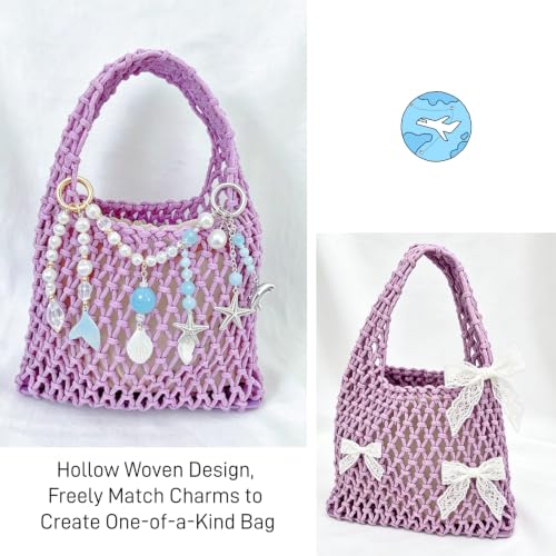 Image of Mini Clutch Handbag Fishing Net Bucket Bag Cotton Rope Crochet Drawstring Woven Beach Bag Small Tote for Women Girls