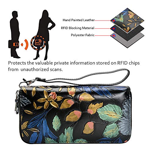 Women's Wallet RFID Blocking Leather Double Zipper Cellphone Wallet Long Purse with Removable Wrist Strap4