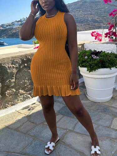 Image of Nimsruc Women Summer Tank Dresses Sleeveless Crew Neck Casual Bodycon Mini Dress with Ruffle Hem