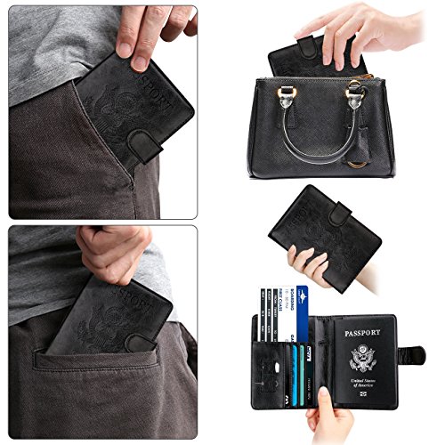 Image of WALNEW Passport Holder for Travel, RFID Passport Cover Wallet for Women Men, PU Leather Passport Book Card Holder Case with Pen (Buckle Closure, Buckle-Black)