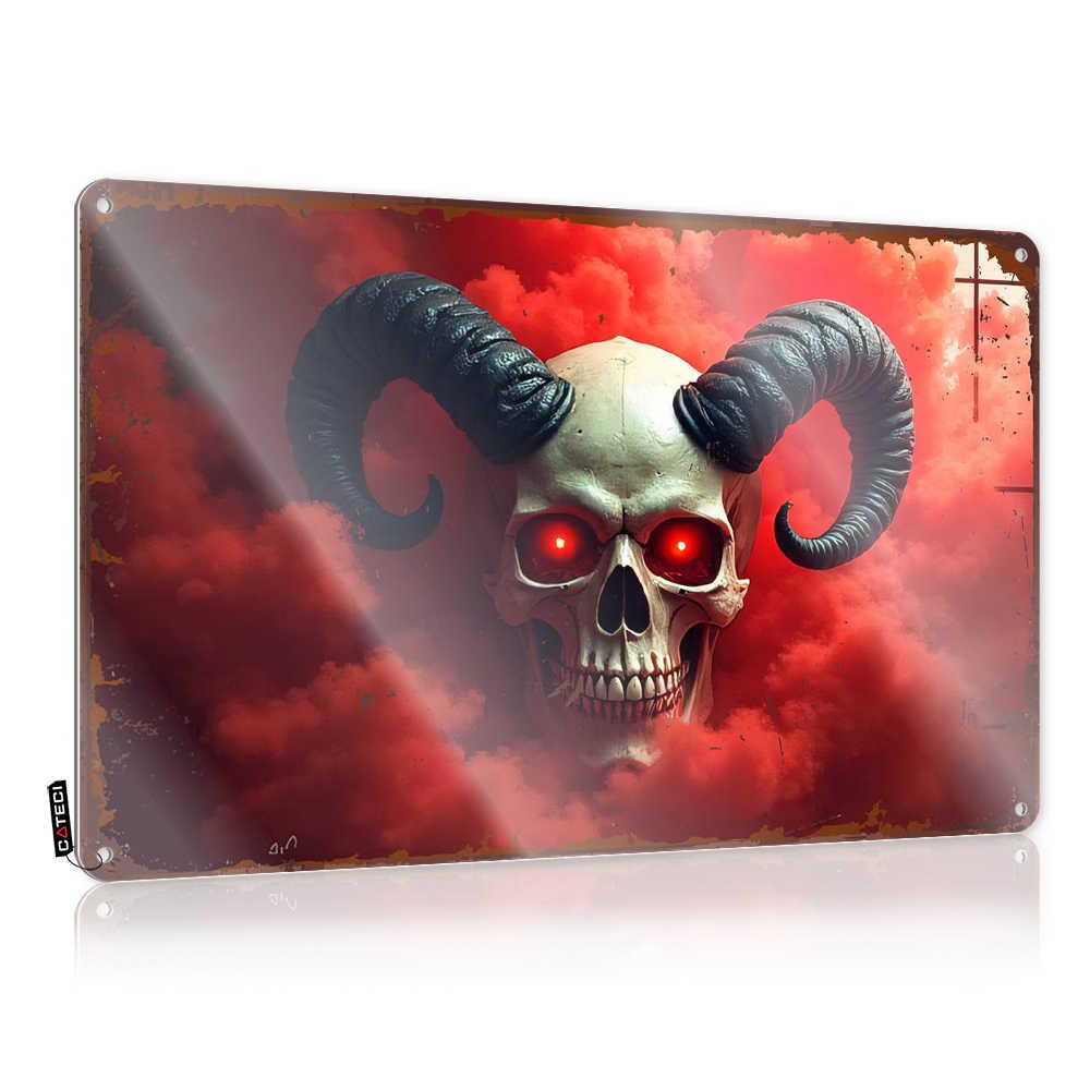 Fzfn Colour Tin Wall Decor Guest Bathroom Decor Vintage Wall Decor | Devilish Skull With Red Eyes And Horns Amidst Fiery Clouds Stunning Nice For Lake Home Decoration(20X30cm)