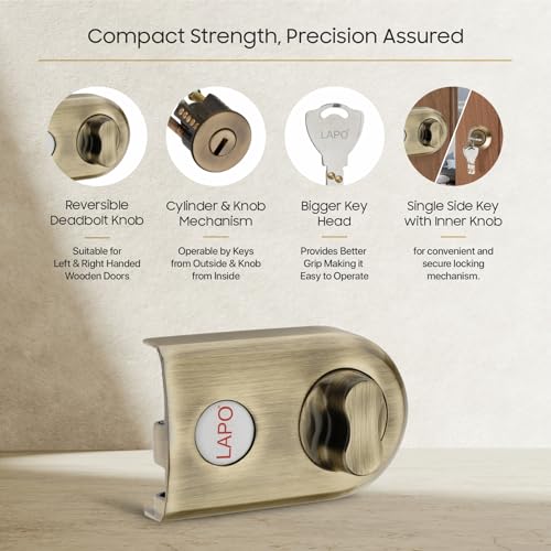 Image of LAPO Jimmy Proof Deadbolt Lock with Side Key and Knob, Heavy Duty Security Lock for Single, Double, Sliding Doors, Reversible Lever Knob for Left and Right Opening Doors, Antique Finish