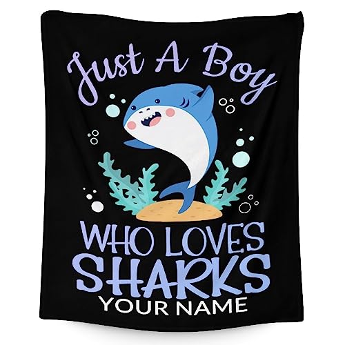 Personalized Shark Blanket Gifts with Name - 30"x40" Cute Throw Blanket for Boys - Black Soft Fuzzy Blankets for Couch & Office
