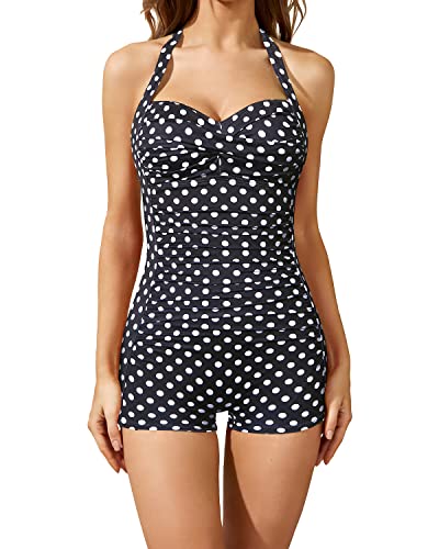 Image of Tempt Me Women Tummy Control One Piece Swimsuits with Shorts Boyleg Retro Bathing Suit Halter Swimwear