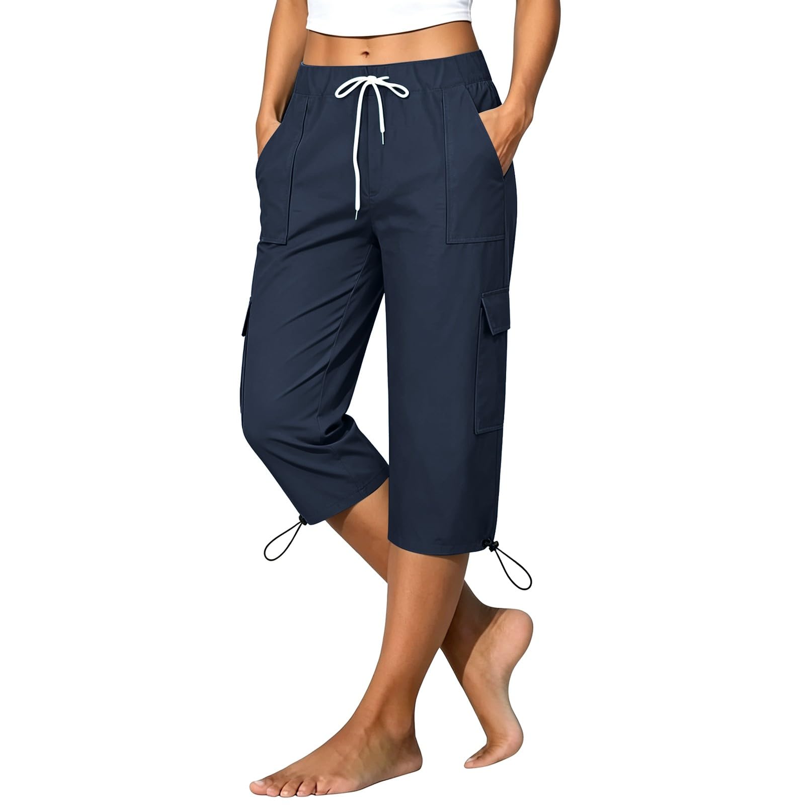 Pantaloni capri da donna in morbido cotone, pantaloni cargo con tasche e | Pantaloni estivi in mussola per il tempo libero, traspiranti e leggeri, casual, da lavoro, da trekking, tinta unita