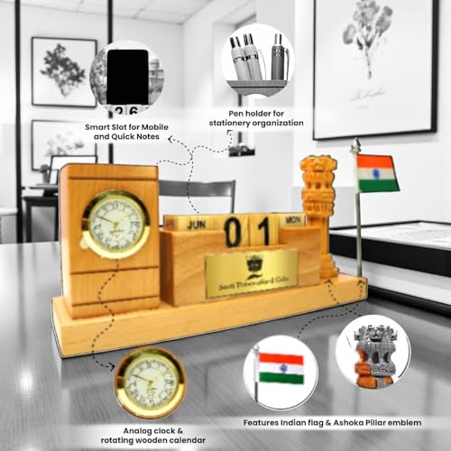 Image of Vrundavan Wood Art Wooden Desk Organizer with Pen Stand, Mobile Holder Flag Ashoka Pillar Clock & Calendar Personalized Office Accessory for IAS Advocates Corporate & Office Gifts Brown