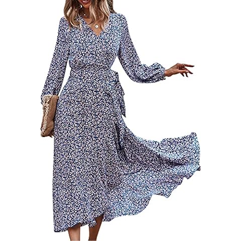 LANREMON Women's Maxi Dress Vintage Wrap V-Neck Long Sleeve Floral Print Dresses Blue S Cover