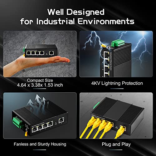 Image of 5 Port Industrial Ethernet Switch, 4 Ports and 1 Uplink 10 /100Mbps, Fanless Din Rail and Wall Mount, IP40 Aluminum Alloy -40~75C(-40~185F), with One Power Supply