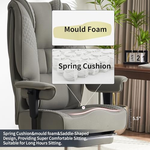 Big and Tall Office Chair 400lbs Wide Seat, Leather High Back Executive Office Chair with Foot Rest, Ergonomic Chairs Lumbar Support for Lower Back Pain Relief (Mesh Light Grey)