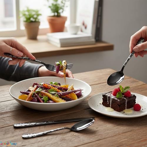 Image of Floral Black 5 Pcs Stainless Steel Cutlery Set for Dining Table, Dishwasher Safe Glossy Flatware (1 Spoon Set+1 Forks Set+1 Butter Knife+1 Dessert Spoon+ 1 FruitFork)