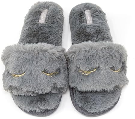 Elliz Women's Faux Fur Sleepy Eyes Memory Foam Slide Slippers (Medium, Grey)