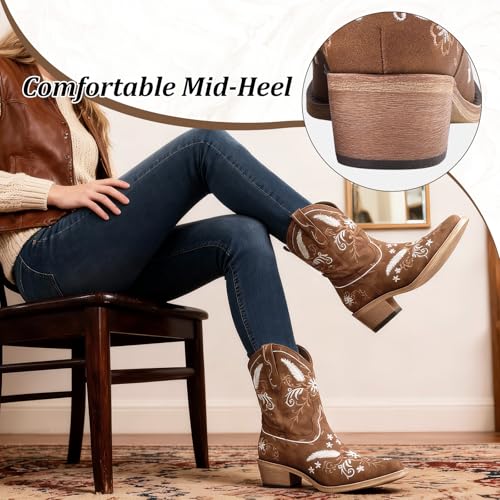 Image of LingxiaUne Cowboy Boots for Women Floral Cowgirl Boots with Pointed Toe and Chunky Heel Mid Calf Western Boot for Concert Festival Country Night Party