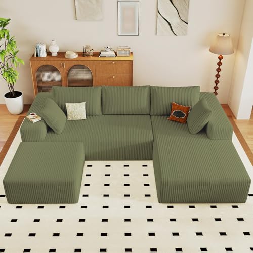 Image of 96 inch Boneless Cloud Sectional Couch Modular Sofa with Ottoman | Modern U-Shaped Couches, Comfy Corduroy Memory Foam Sofas with Oversized Chaise for Living Room (Green,Right-Facing Chaise)