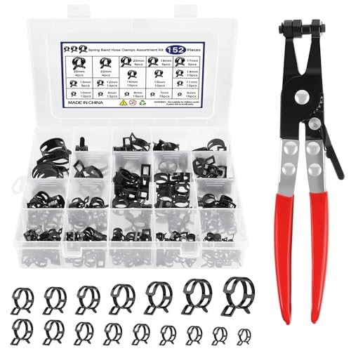 152Pcs 6-25mm Spring Band Hose Clamps Assortment Kit With Hose Clamp Pliers 16 Sizes Automotive Fuel Hose Clamp Constant Tension Clamps for Fuel Line Vacuum Hose Silicone Hose Low-Pressure Air Clips