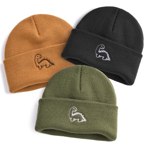 Image of FURTALK Toddler Beanie Cute Dinosaur Pattern Winter Hat Knit Boys Girls Warm Baby Embroidered Beanies Cap for 0-3 Years