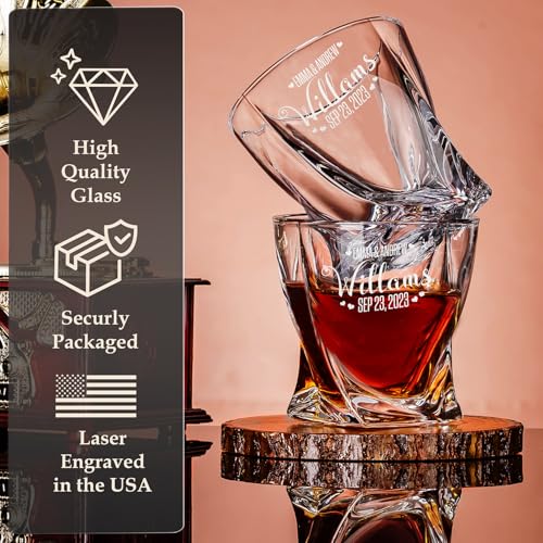 Custom Name & Date Bride Groom Wedding Whiskey Gift Set of 2 Glasses, Tongs, & Stainless Steel Whiskey Stones – Personalized Premium Wood Box Gift for Newlyweds - Image 3