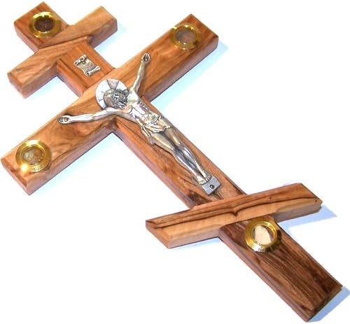 Holy Land Market Olive Wood Eastern Orthodox Cross - Hand Carved Brown Wooden Crucifix with Holy Land Samples, 10 in