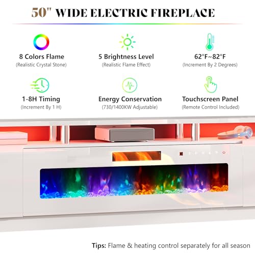 Image of AMERLIFE 90 inch High-Gloss Fireplace TV Stand with 50 inch Electric Fireplace | White LED TV Console, Modern Living Room Entertainment Center, Fits TVs up to 100 inch, 2 Cabinets, 2-Tier Storage Space
