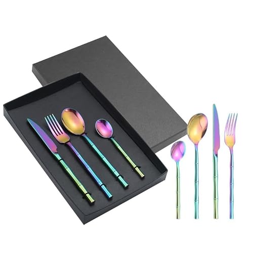 OLSKFUH Cutlery Flatware Cutlery Set, 4/16/24/32/40/48Pcs 304 Stainless Steel Knife, Fork And Spoon Set With Bamboo Handle,Rainbow-12Set
