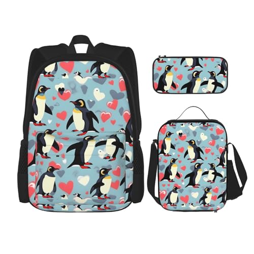 YHBLYKXP I Love Penguins print 3-Piece Casual Backpack Set (Backpack + Waist Bag + Small Pouch), Unisex Daypack