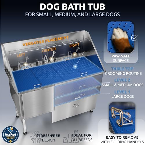 Image of KANIS Professional Dog Washing Station 304 Stainless Steel Pet Wash Sink & Grooming Bathtub w /Shower, Floor Grates and Storage for Large, Medium & Small Pets (Silver, 61 Inches, Left Ramp, 1 Drawer)