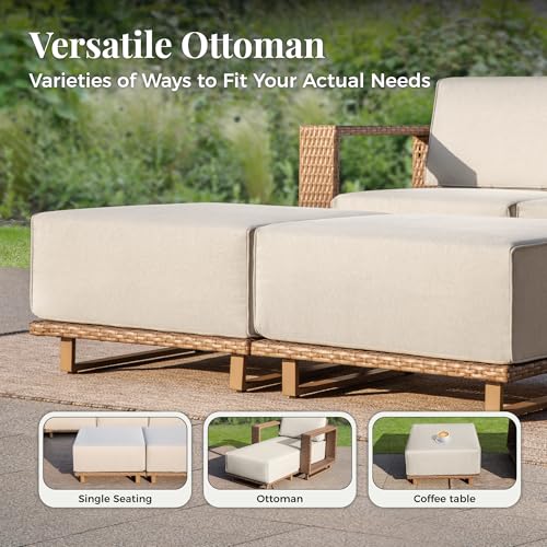 Image of MIXPATIO Patio Sectional Furniture with Fire Pit, 9 Pieces Outdoor Wicker Sofa Set, Yellow Rattan Modular Conversation Sets with 10 inch Thick Cushions, L Shape Low Profile Lawn Deck Garden Furniture