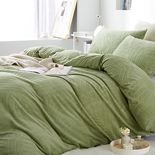 Morromorn King Duvet Cover Set, Boho Bedding Sets Tufted Leaves, Fluffy Comforter Covers With Pillow Shams - Lightweight Blanket Super Soft Textured Farmhouse Neutral (Sage Green, King/Cali King) #TOP5