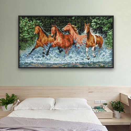 Image of Aiorkeng Cross Stitch Kits Stamped Full Range of Embroidery Starter Kits for Adults Beginners DIY 11CT 3 Strands -Printed kit Horses(Printed) 30.3x18.1inches