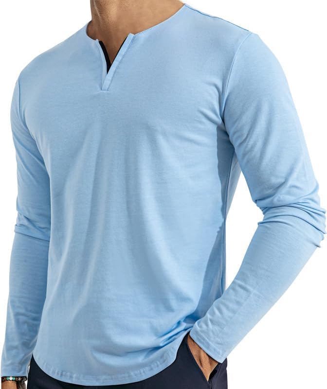 Men's V Neck Long Sleeve Shirts Casual Henley Cotton T-Shirts Slim Fit Longline Tee Shirts2