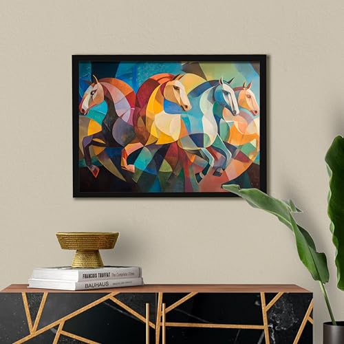 Image of Abstract 4 Running Horses Vastu Framed Wall Art Painting For Living Room| Horse Painting With Frame Symbol of Progress & Harmony Wall Art for Home & Office, 10x12 Inch